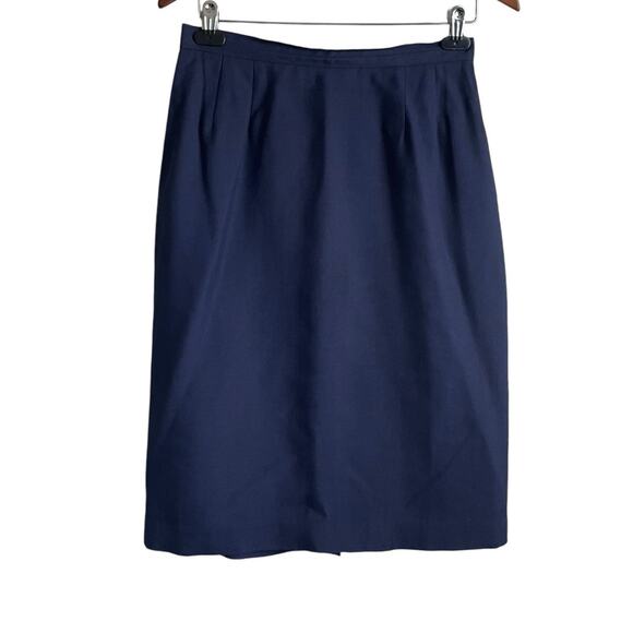Women Pencil Skirt 10 Navy Midi Length Rayon Linen Pleated Uniform Secretary Y2K - Picture 1 of 10